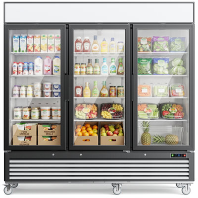 Coolake 82"W Commercial Beverage Refrigerator 3 Glass Door, 72 Cu.Ft. Commercial Display Fridge with LED light, Customizable Lightbox, Upright Merchandiser Refrigerator for Restaurant Store Cafe