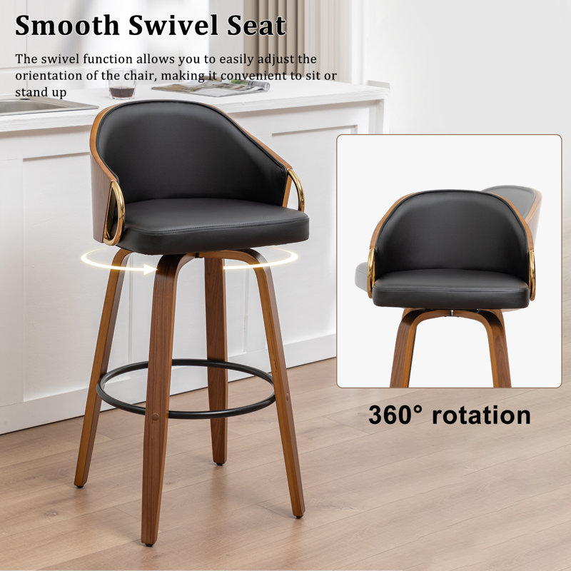 Tabourets de bar pivotants modernes Mahtab avec revêtement en polyuréthane et pieds en bois, Noir