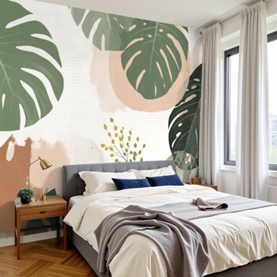Peel and Stick Wallpaper Abstract Tropical Monstera Leaf Green Coral Brown Wall Murals 100"H x 144"W Removable PVC Wall Paper Self-Adhesive Wall Decor for Bedroom Living Room Home Office