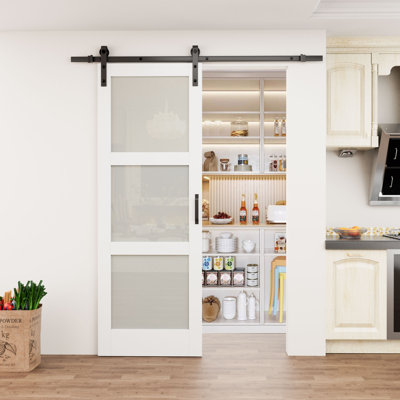 No Assembly Required Panel, 96''H 3-Lite Frosted Glass Sliding Barn Door MDF Solid Wood Interior Closet Doors with Installation Hardware Kit