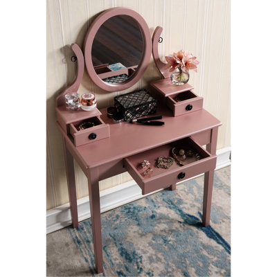 Wood Makeup Vanity With Stool, Rose Gold Gleam - 3 Drawers For Storage, Adjustable Oval Mirror, Smooth Tabletop Cosmetics, Comfortable Stool Table And Seat , Storage Compartments, Generous Beauty