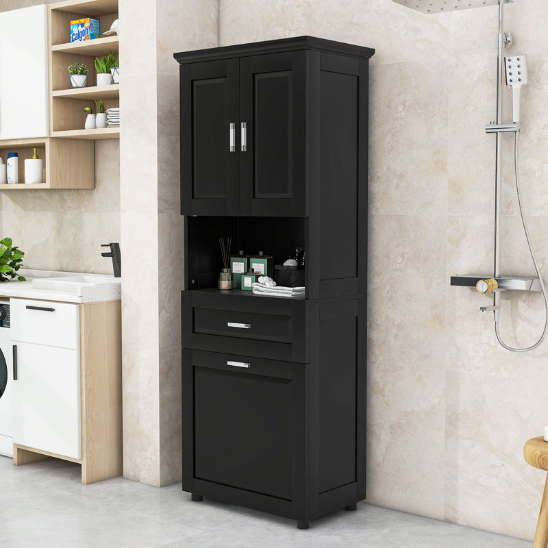 Armoire de salle de bain autoportante en bois avec tiroirs, tablette réglable et panier à linge intégré
