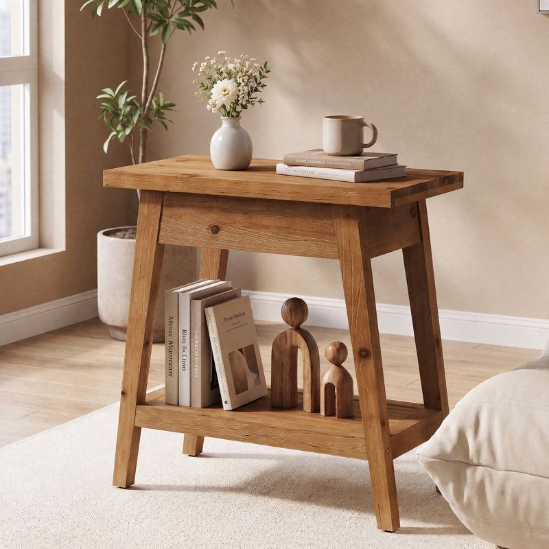 Table de bout rectangulaire en bois massif à 2 niveaux avec rangement, table de bout rectangulaire pour salon, chambre à coucher