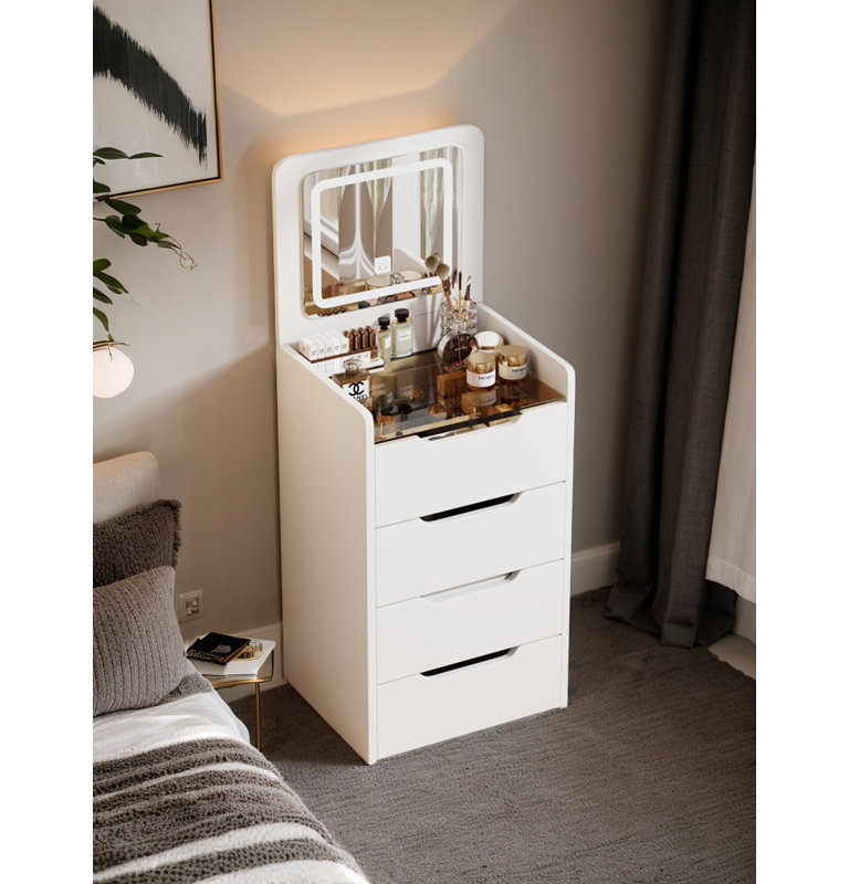 (48CM) Meuble-lavabo 3 en 1 avec miroir à plateau rabattable, petit ensemble de coiffeuse avec bureau en verre visible, meuble-lavabo compact avec 3 tiroirs, coiffeuse pour la chambre à coucher (PRime BIG DEAL DAYS)