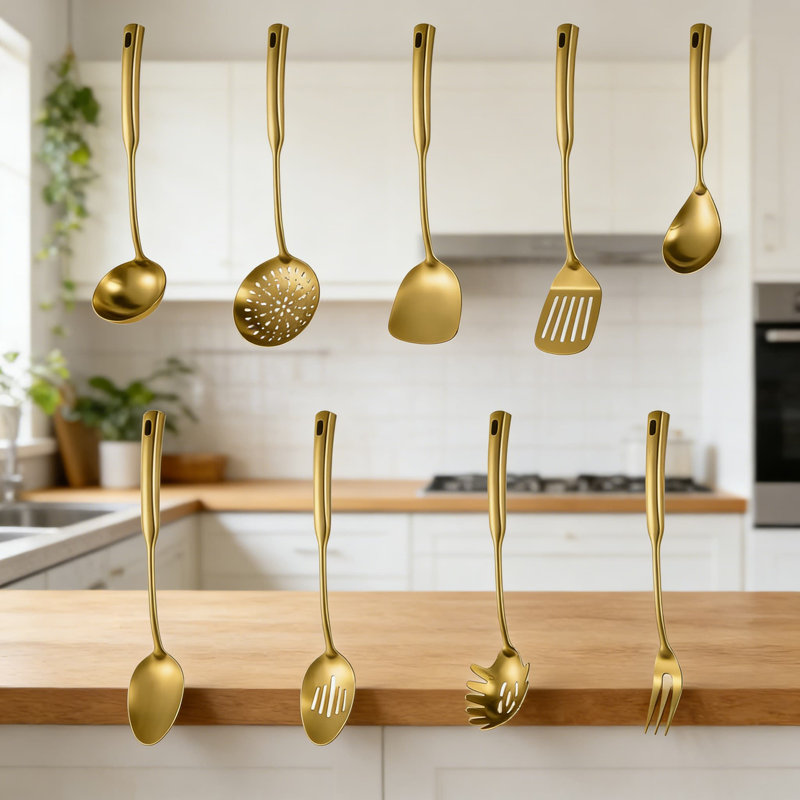 Ensemble 9 pièces d'ustensiles de cuisine en acier inoxydable 304 - Écumoire, louches, spatules, fourchettes et cuillères