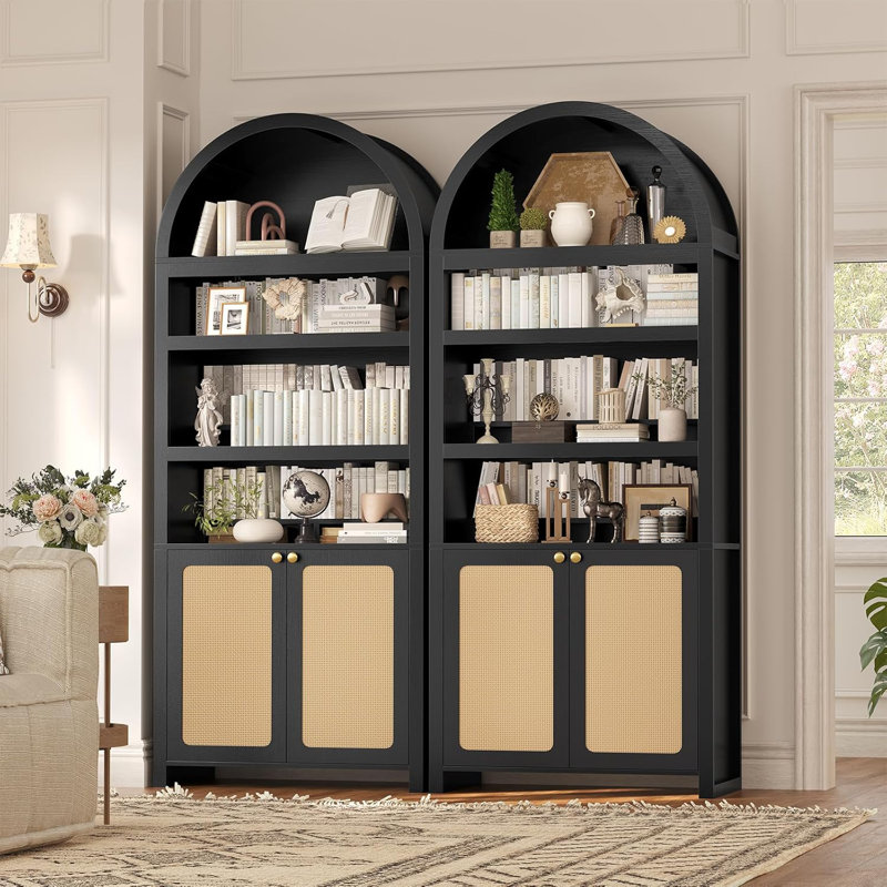 81" Tall Arched Cabinets Set Of 2, Black+Oak, Oak/Black
