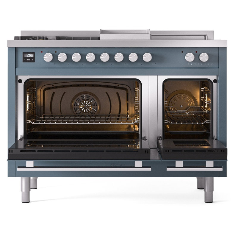 ILVE Professional Plus II 48 cuisinière à double combustible, 5 brûleurs scellés, plaque chauffante (bleu gris), Bleu / gris