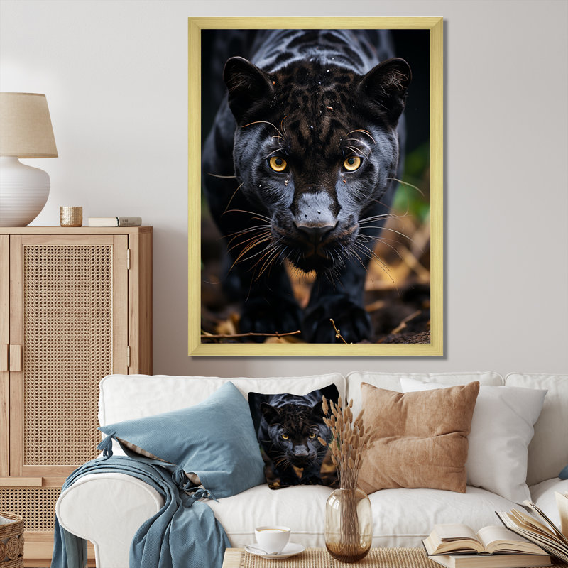 «Black White Animal Panther Portrait II», reproduction sur toile, H 40 po x l 30 po x P 1,5 po, Cadre flottant doré