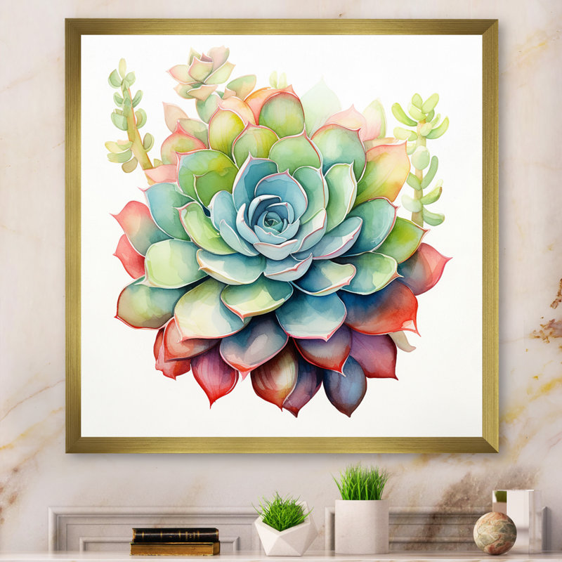 «Blossoming Succulent In Tender Retro Blue», reproduction sur toile, H 24 po x l 24 po x P 1 po, Cadre photo doré simple