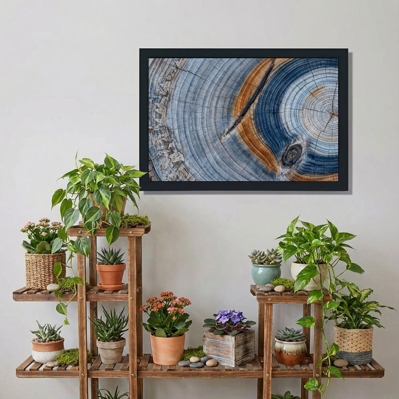 Art sur toile, souche d'arbre avec anneaux de croissance bleus et bruns, H 24 po x l 36 po