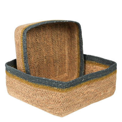Square Baskets, Seagrass, Set Of 2 Sm: 8X8x4, Lrg: 10.5X10.5X4.5