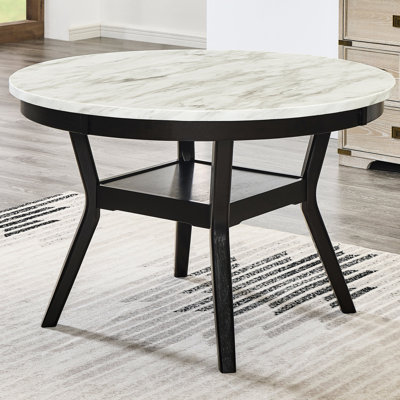 Table de salle à manger 48 po avec plateau en faux marbre, option de tablette foncée, 4 places, table contemporaine avec et tablette, 48 po, goût moderne