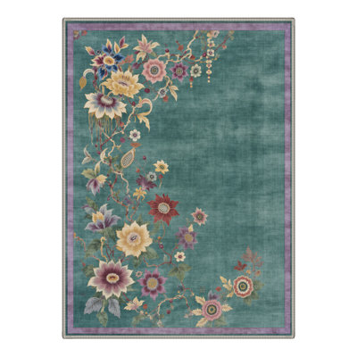 Valencia Vintage Floral Machine Washable Green Indoor Area Rug with Non-Slip Backing