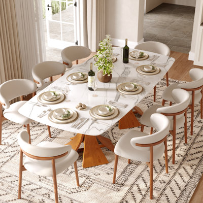 7/9/11 Pcs 87"/94" Mid-Century Double Pedestal & Rectangular Sintered Stone Dining Table Sets With Sturdy Solid Wood Kitchen Chairs For 6-10