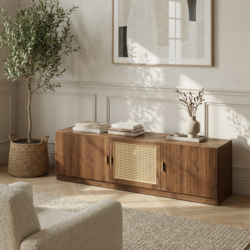 Console média moderne avec portes décoratives en rotin pour téléviseurs grand écran