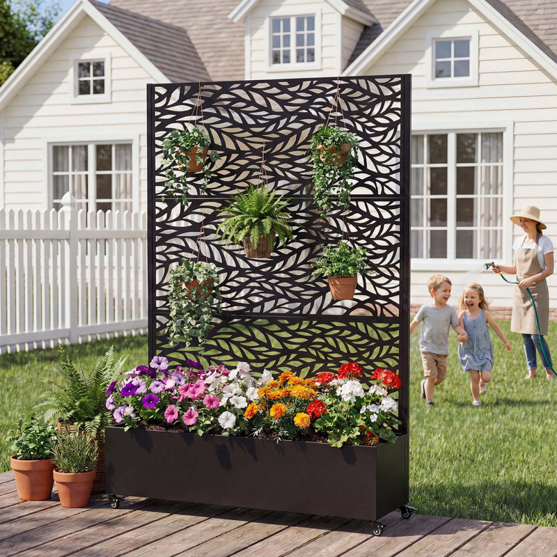 Metal Raised Garden Bed with Wheels and Trellis, 73x47x16 Planter Box for Climbing Plants, Vegetables & Vines, Features Privacy Screen and Drainage Holes