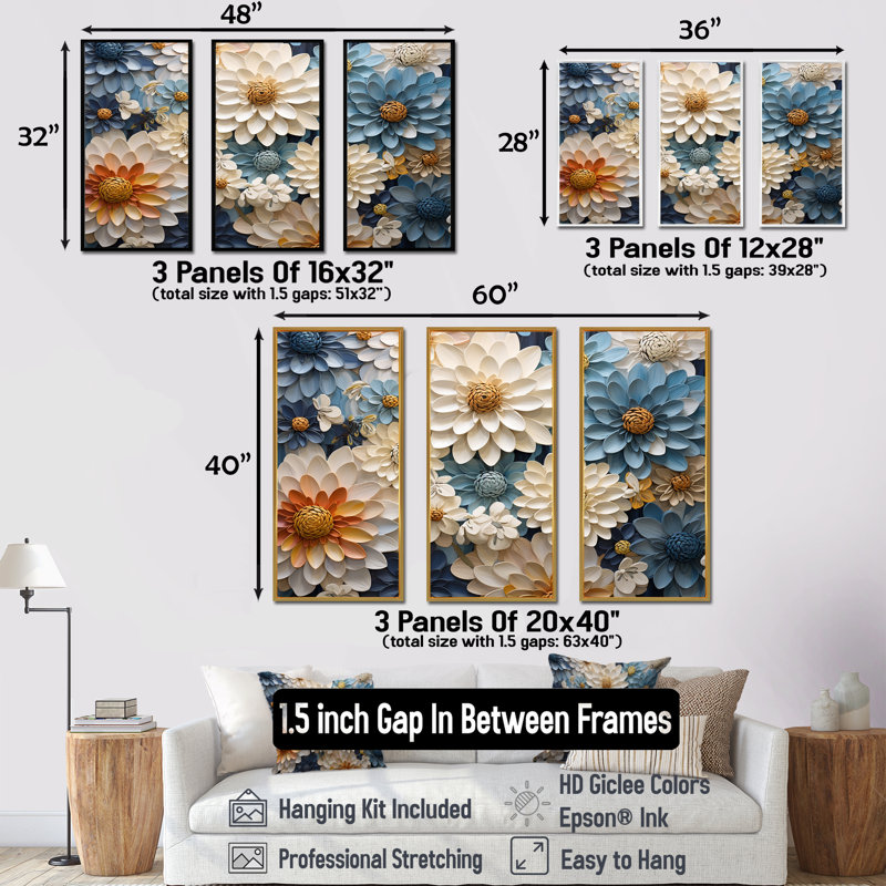 Ensemble de décorations murales Zinnias Collage I - Zinnias, Cadre flottant blanc, H 32 po x l 48 po x P 1 po