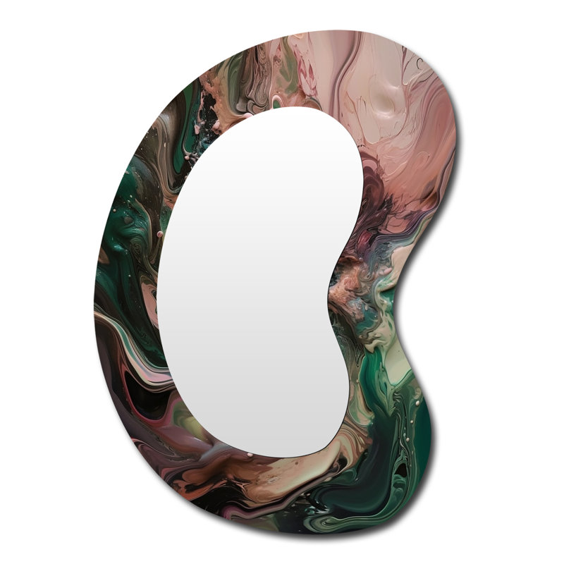 Esteysi Pink Green Inner Worlds Of Marble IV - Geometric Irregular Shape Wall Mirror, Pink Asymmetrical Decorative Mirror, Printed Metal Art