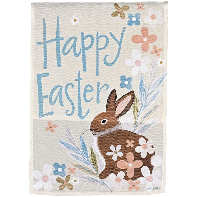 Drapeau de jardin imprimé lapin «Joyeuses Pâques», Pâques 2, Blanc / Brun