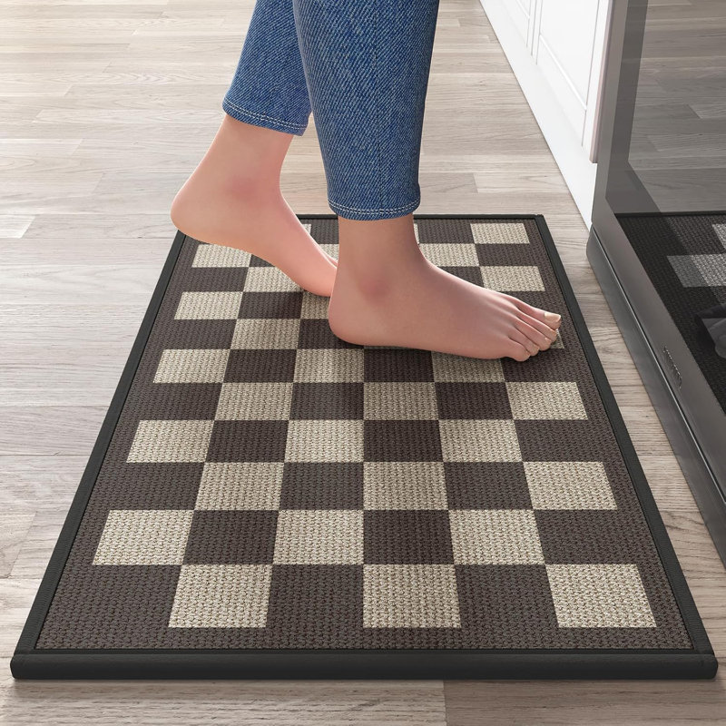 17"x30" Linen-Look Woven Kitchen Mat - Absorbent Non-Slip Washable Cushioned Runner Rug for Sink Area, Black Beige