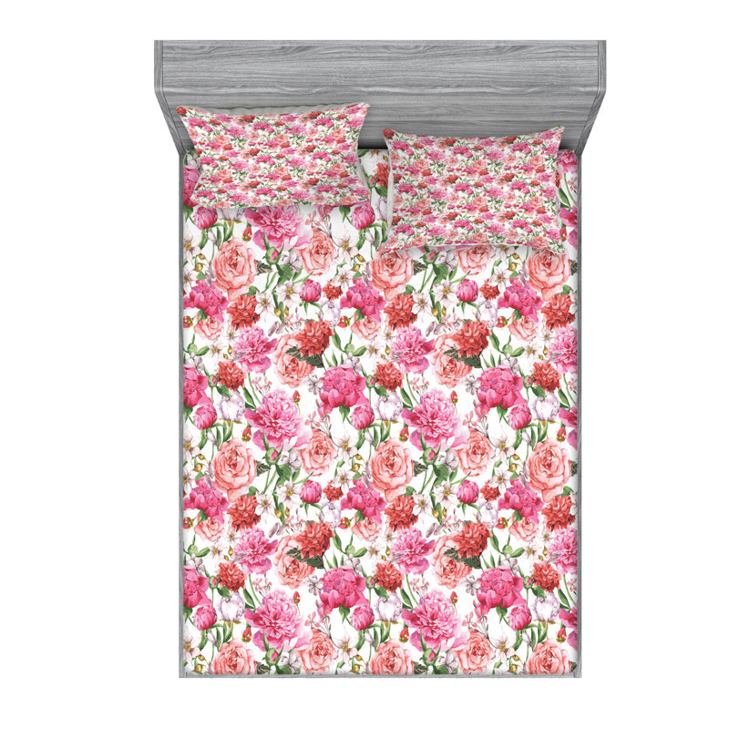 Microfiber Floral Sheet Set, Full Sheet Set + Fitted Sheet + 2 Pillowcases, Pale Pink/Hot Pink Floral