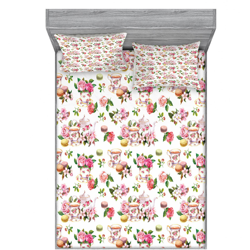 Microfiber Floral Sheet Set, Twin Sheet Set + Fitted Sheet + 1 Pillowcase, White/Pink/Green Floral
