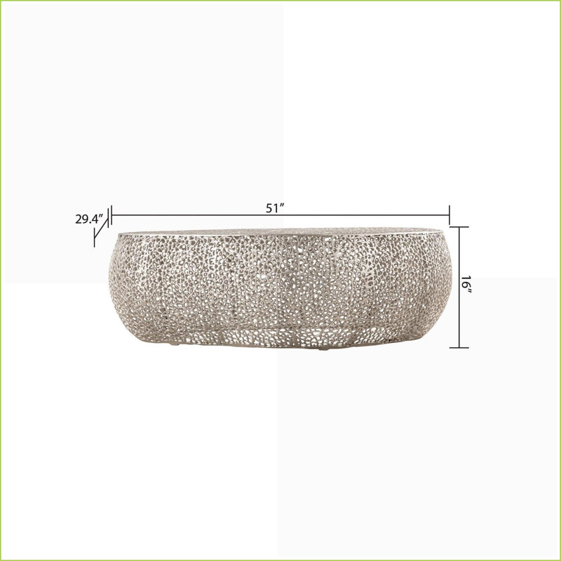 Table basse ovale argentée pour le salon, structure en aluminium robuste, complément de décor moderne, Argent argent