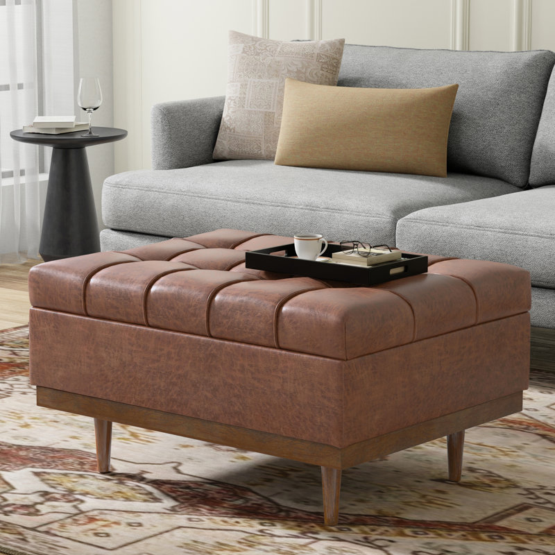 Mariah 34"W Upholstered Coffee Table Storage Ottoman with Lift Top and Solid Wood Legs, Brown