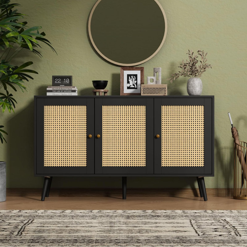 47.2" Rattan Sideboard Buffet Cabinet with 3 Doors, Boho Storage Cabinet with Adjustable Shelves, Console Table for Living Room, Dining Room, Entryway, Coffee Bar