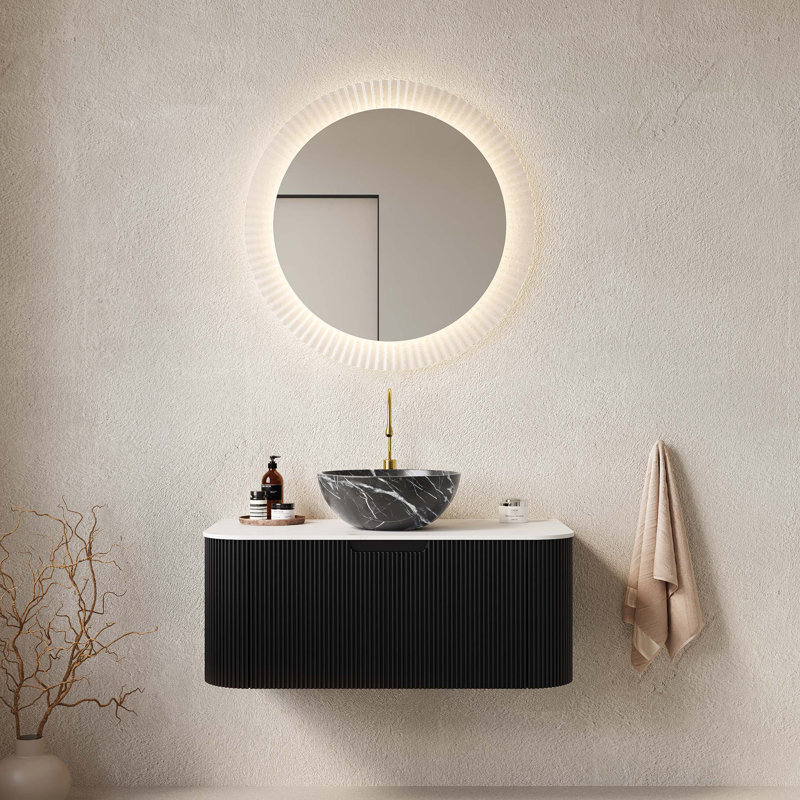 Meuble-lavabo de salle de bain 36 po avec lavabo, cuve flottante murale à bords arrondis avec vasque en céramique à motif de pierre, pré-assemblé