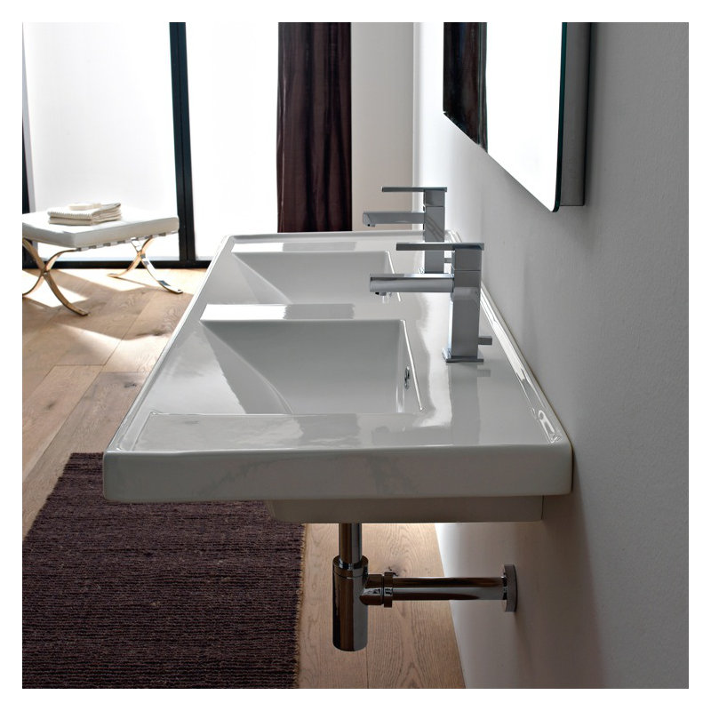 Scarabeo By Nameeks ML 18.5'' Glossy White Ceramic Rectangular Drop-in, Wall Mount Bathroom Sink with Overflow, Two Holes