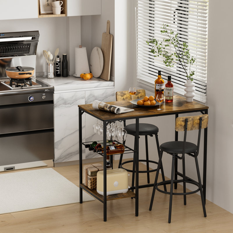 Ensemble de table de bar pour 2 personnes, ensemble de table de bar Ã  hauteur de comptoir 3 piÃ¨ces avec revÃªtement en PU, porte-bouteilles et porte-verres