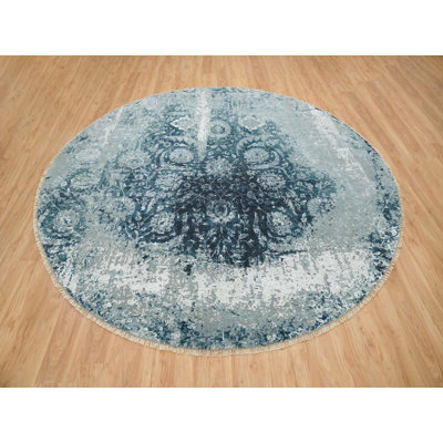 9'10" x 9'10" New Hand Knotted Blue Wool & Silk Round Oriental Rug - MOA10265630