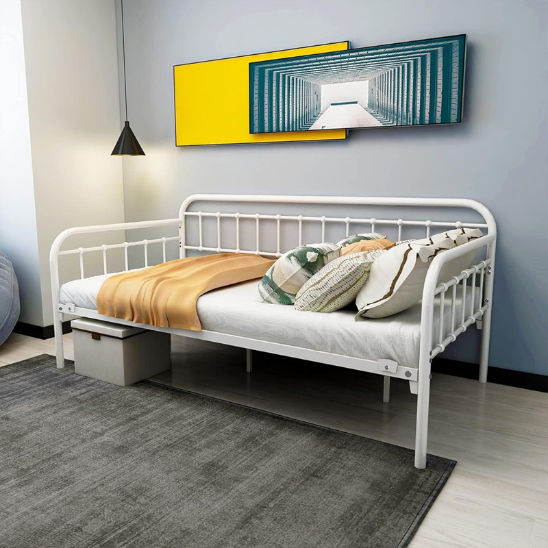 White Twin Metal Daybed Frame, Multi-Purpose Heavy Duty Metal Slat Platform, Sofa Bed And Mattress Foundation