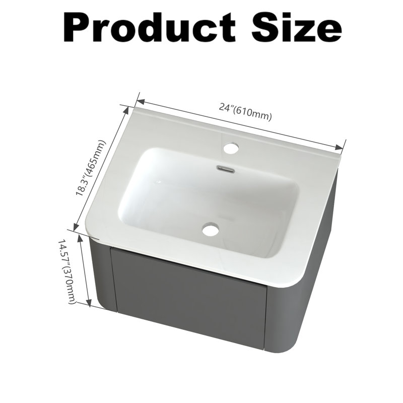 Armoire de salle de bain murale 24 po avec lavabo flottant mural et tiroir en céramique blanche, Gris, 24"