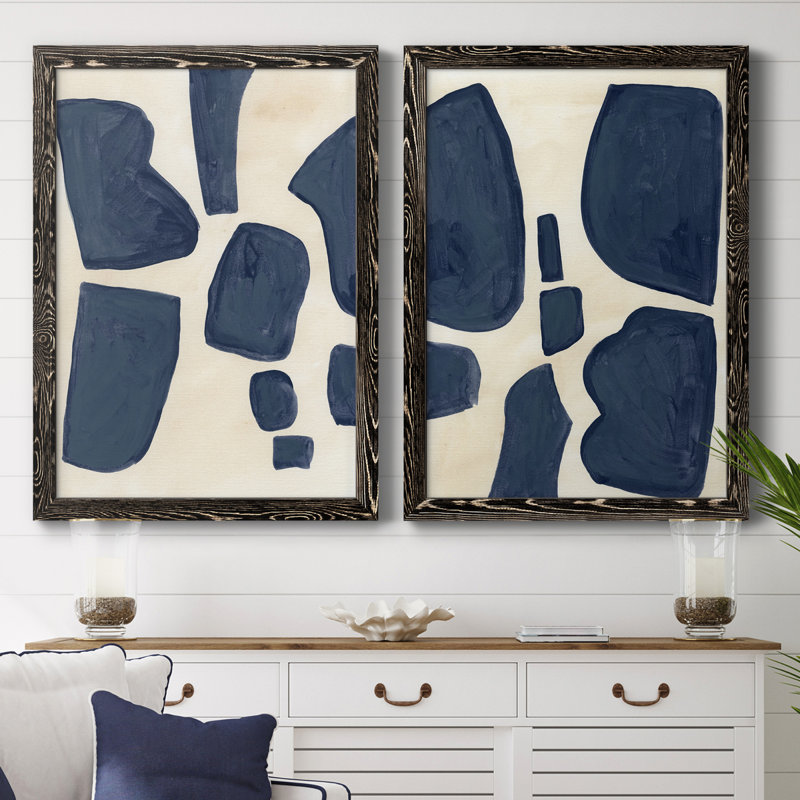 Pièces bleues I, toile encadrée de qualité supérieure - prête à être accrochée, Cadre noir, H 20 po x l 34 po x P 1,5 po