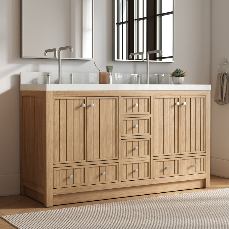 Aula 60 inch Double Bathroom Vanity with 2" Thassos White Quartz Countertop, Nordic Natural Oak