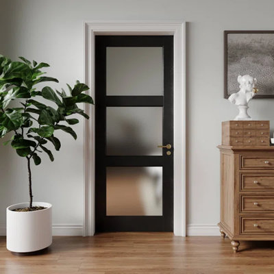 32'' X 80''H Black 3-Lite Frosted Glass Standard Painted Manufactured Wood French Doors
