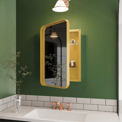 16X24 Inch Recessed Metal Framed Medicine Cabinet With Mirror And Adjustable Shelves Wall Mirror With Storage For Bathroom, Matte Gold