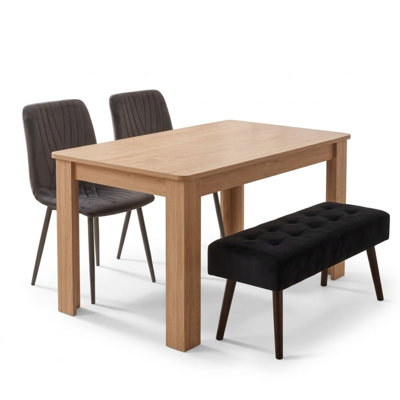 Dining Table Set with 2 Dark Grey Velvet Chairs and Black Velvet Bench 4 Seater Set
