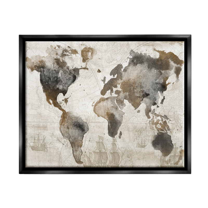 Carte du monde rétro vintage par Conrad Knutsen, impression, Cadre flottant noir de jais, H 17 po x l 21 po x P 1,7 po