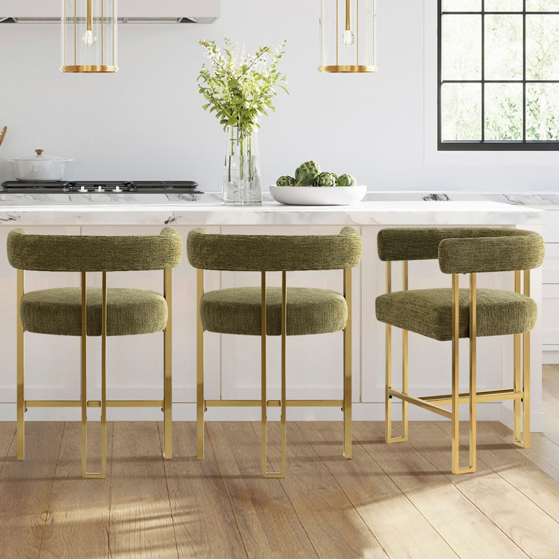 Dollie Set of 3 Upholstered Gold Chenille Solid Back Counter Stool, Green