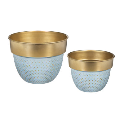 Blue & Gold Metal Planter with Raised Dots, Nested Set of 2