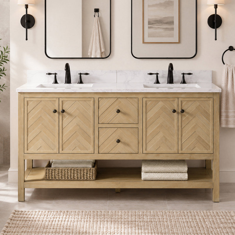 Ensemble de meuble-lavabo double 60 po Chazden, Cèdre naturel, Cuivre antique