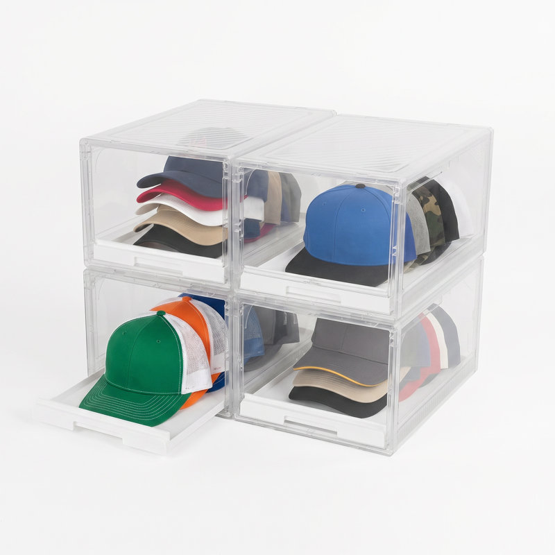 4pcs/set Clear Hat Organizer, Stackable Pull-out Drawer Hat Display Holder Case,  Hold 10-12 Baseball Caps Each Box
