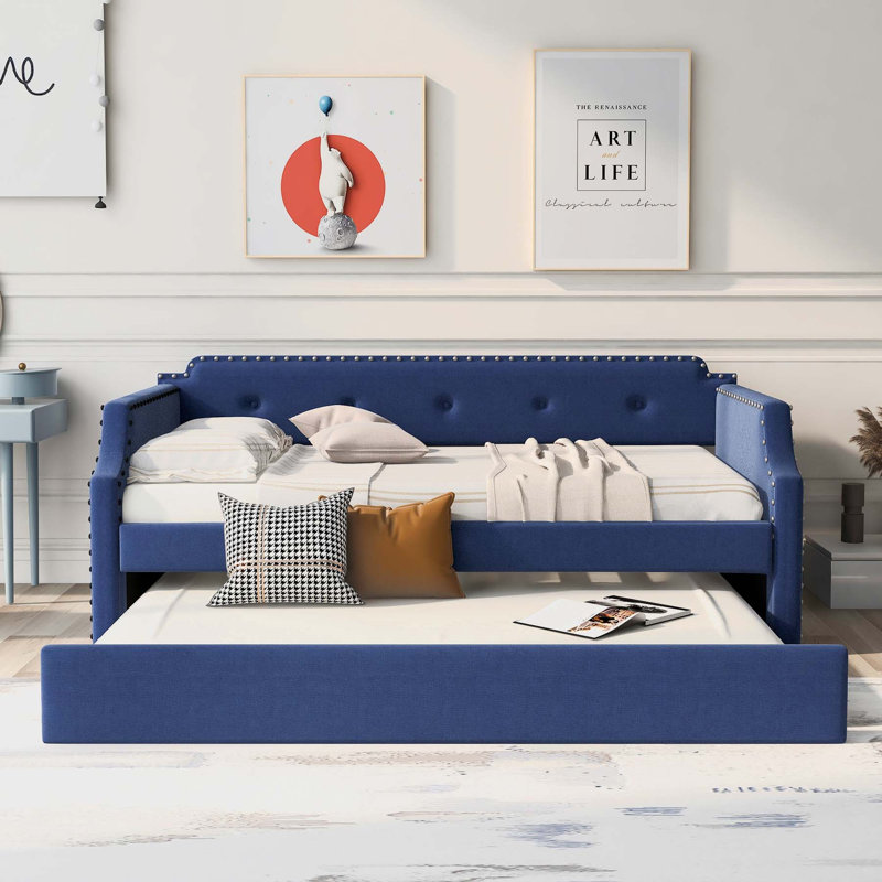 Herzberg Linen Upholstered Tufted Wooden Space Saver Daybed with Trundle, Blue