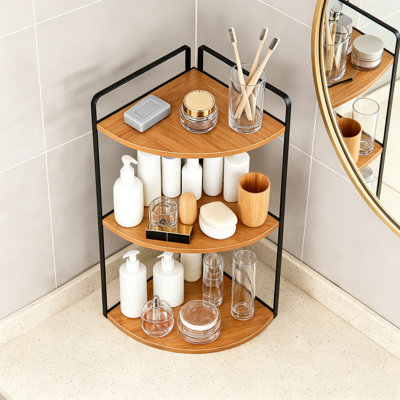 Organisateur de comptoir de salle de bain à trois niveaux, tablette de rangement de comptoir avec structure en bois et en métal, organisateur de maquillage et de toilette pour meuble-lavabo, organisateur de tablette de salle de bain