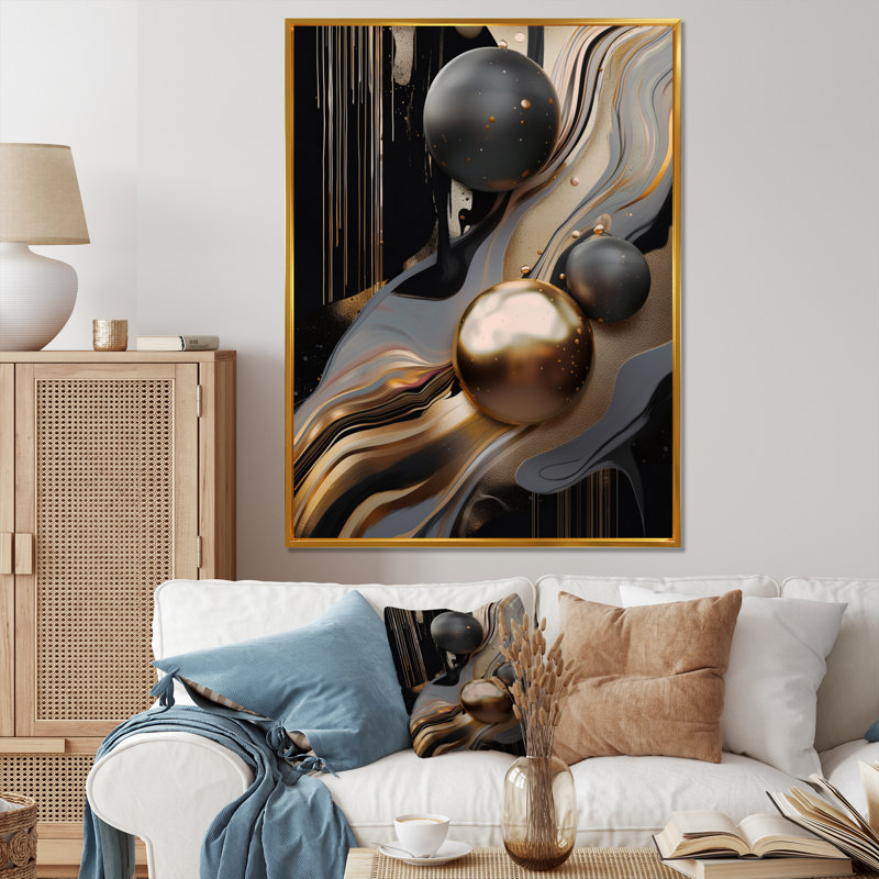 Or et marbre noir mirage I - art mural abstrait en marbre, H 44 po x l 34 po x P 1,5 po, Toile avec cadre flottant or