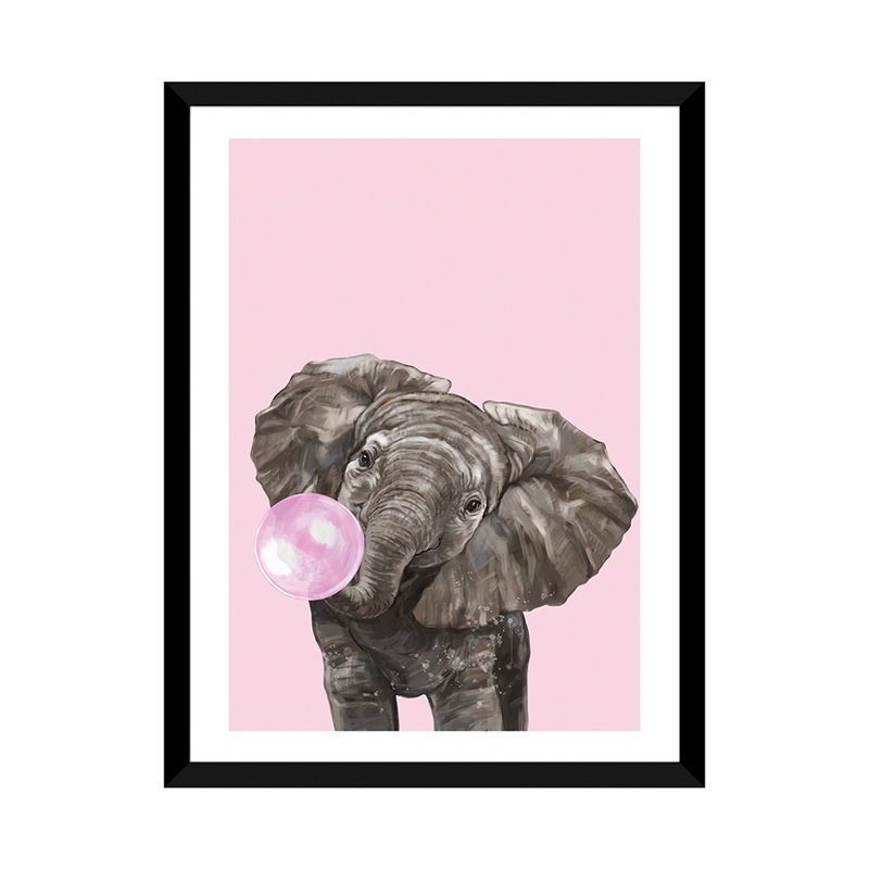 Art d’éléphant de gomme à bulles, H 32 po x l 24 po x P 1 po, Papier avec cadre noir