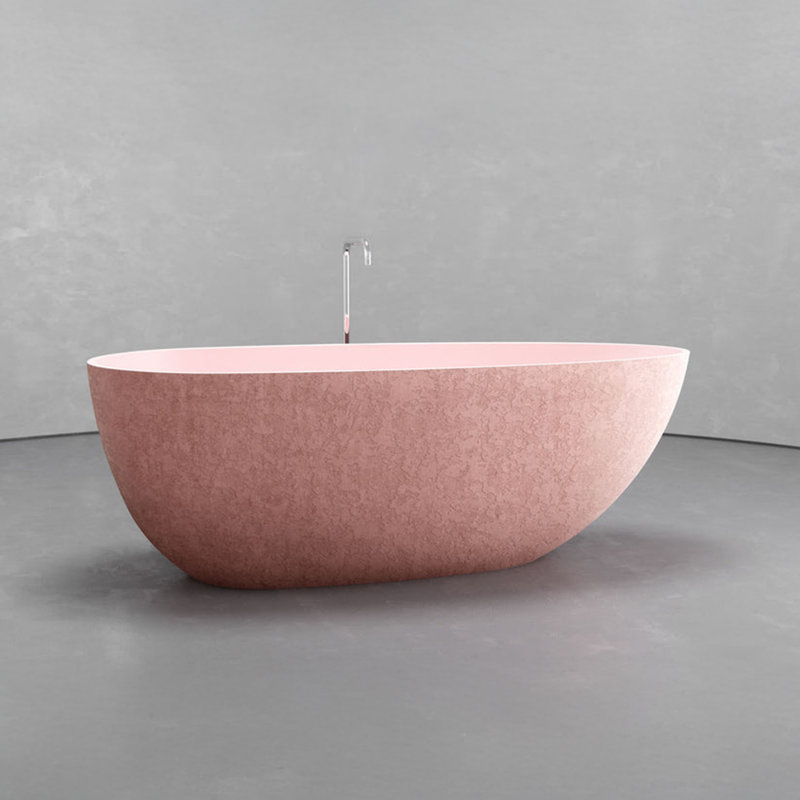 Vast Studio 62.8” x 30.3” Textured Blush Concrete Metallic Freestanding Oval Bathtub – Blush/Blush Deep Soaking Tub with Dual-Tone Interior & Exterior, Sculpted Modern Luxury Finish